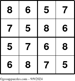 The grouppuzzles.com Answer grid for the Sudoku-4-5678 puzzle for Monday September 9, 2024