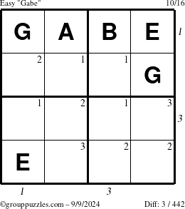 The grouppuzzles.com Easy Gabe puzzle for Monday September 9, 2024 with all 3 steps marked