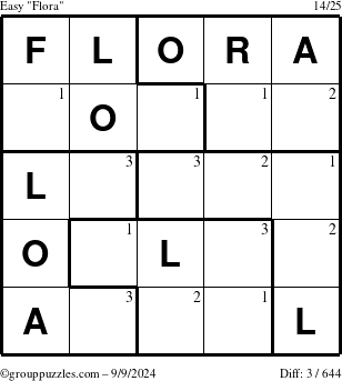 The grouppuzzles.com Easy Flora puzzle for Monday September 9, 2024 with the first 3 steps marked