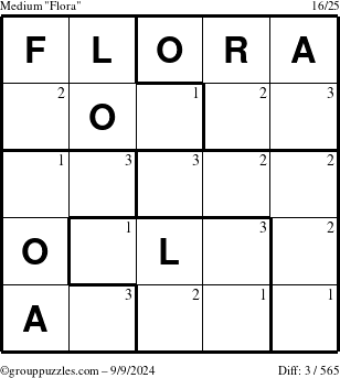 The grouppuzzles.com Medium Flora puzzle for Monday September 9, 2024 with the first 3 steps marked