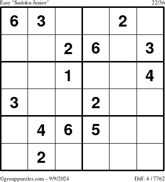 The grouppuzzles.com Easy Sudoku-Junior puzzle for Monday September 9, 2024