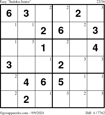 The grouppuzzles.com Easy Sudoku-Junior puzzle for Monday September 9, 2024 with the first 3 steps marked