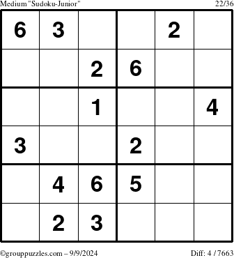 The grouppuzzles.com Medium Sudoku-Junior puzzle for Monday September 9, 2024