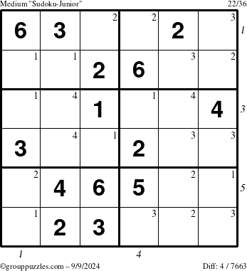 The grouppuzzles.com Medium Sudoku-Junior puzzle for Monday September 9, 2024 with all 4 steps marked