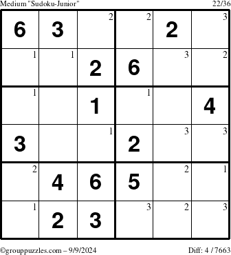 The grouppuzzles.com Medium Sudoku-Junior puzzle for Monday September 9, 2024 with the first 3 steps marked