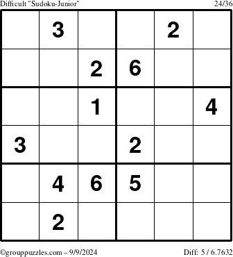 The grouppuzzles.com Difficult Sudoku-Junior puzzle for Monday September 9, 2024