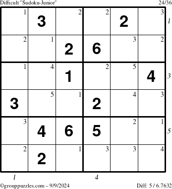 The grouppuzzles.com Difficult Sudoku-Junior puzzle for Monday September 9, 2024 with all 5 steps marked