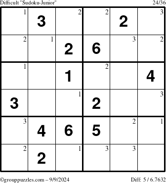 The grouppuzzles.com Difficult Sudoku-Junior puzzle for Monday September 9, 2024 with the first 3 steps marked