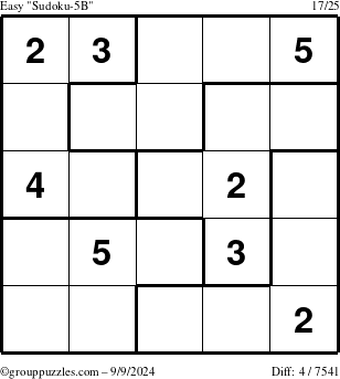 The grouppuzzles.com Easy Sudoku-5B puzzle for Monday September 9, 2024