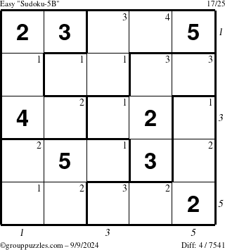 The grouppuzzles.com Easy Sudoku-5B puzzle for Monday September 9, 2024 with all 4 steps marked