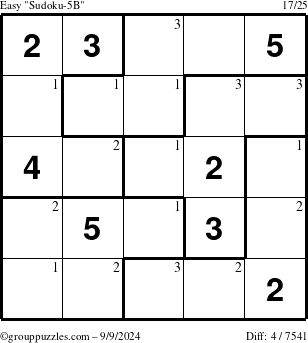 The grouppuzzles.com Easy Sudoku-5B puzzle for Monday September 9, 2024 with the first 3 steps marked