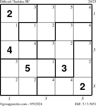 The grouppuzzles.com Difficult Sudoku-5B puzzle for Monday September 9, 2024 with all 5 steps marked