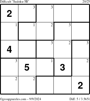 The grouppuzzles.com Difficult Sudoku-5B puzzle for Monday September 9, 2024 with the first 3 steps marked