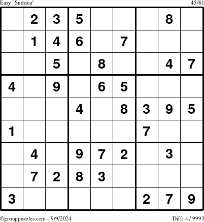 The grouppuzzles.com Easy Sudoku puzzle for Monday September 9, 2024