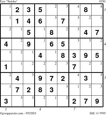 The grouppuzzles.com Easy Sudoku puzzle for Monday September 9, 2024 with all 4 steps marked