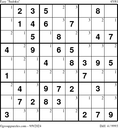 The grouppuzzles.com Easy Sudoku puzzle for Monday September 9, 2024 with the first 3 steps marked