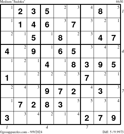 The grouppuzzles.com Medium Sudoku puzzle for Monday September 9, 2024 with all 5 steps marked