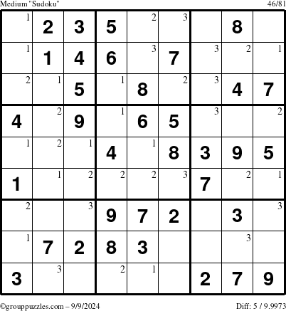 The grouppuzzles.com Medium Sudoku puzzle for Monday September 9, 2024 with the first 3 steps marked