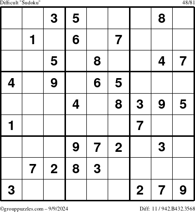 The grouppuzzles.com Difficult Sudoku puzzle for Monday September 9, 2024