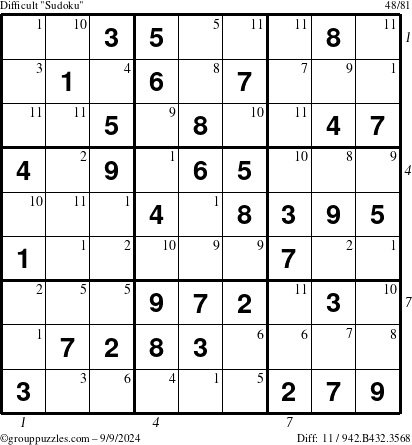 The grouppuzzles.com Difficult Sudoku puzzle for Monday September 9, 2024 with all 11 steps marked