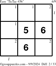 The grouppuzzles.com Easy TicTac-456 puzzle for Monday September 9, 2024 with all 2 steps marked