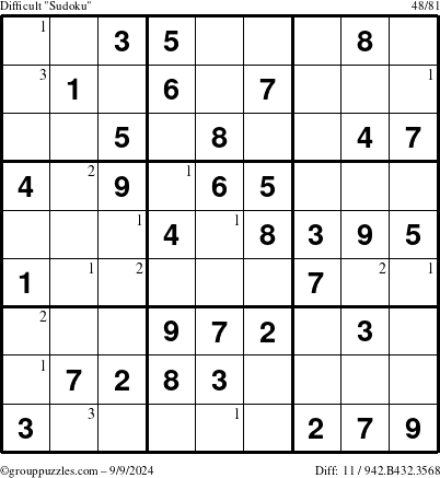 The grouppuzzles.com Difficult Sudoku puzzle for Monday September 9, 2024 with the first 3 steps marked