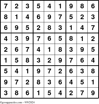 The grouppuzzles.com Answer grid for the Sudoku puzzle for Monday September 9, 2024