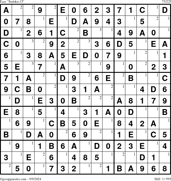 The grouppuzzles.com Easy Sudoku-15 puzzle for Monday September 9, 2024 with the first 3 steps marked