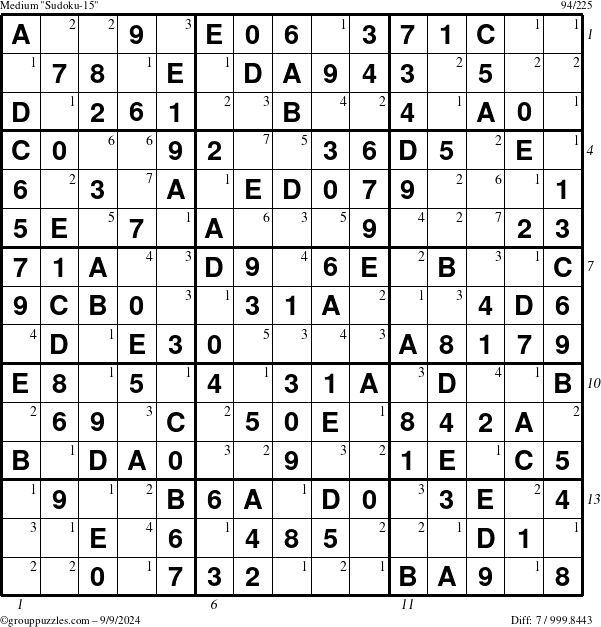 The grouppuzzles.com Medium Sudoku-15 puzzle for Monday September 9, 2024, suitable for printing, with all 7 steps marked