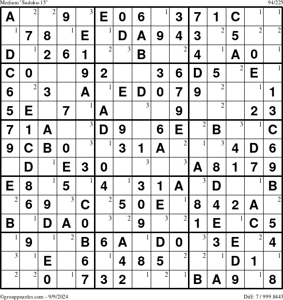 The grouppuzzles.com Medium Sudoku-15 puzzle for Monday September 9, 2024 with the first 3 steps marked