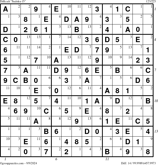 The grouppuzzles.com Difficult Sudoku-15 puzzle for Monday September 9, 2024 with all 14 steps marked