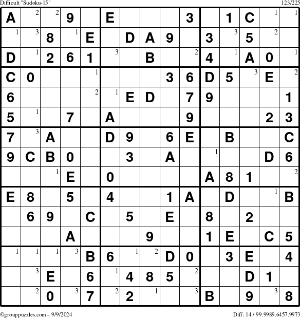 The grouppuzzles.com Difficult Sudoku-15 puzzle for Monday September 9, 2024 with the first 3 steps marked