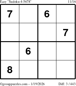 The grouppuzzles.com Easy Sudoku-4-5678 puzzle for Monday January 19, 2026