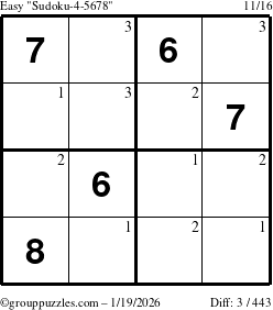 The grouppuzzles.com Easy Sudoku-4-5678 puzzle for Monday January 19, 2026 with the first 3 steps marked