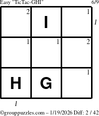 The grouppuzzles.com Easy TicTac-GHI puzzle for Monday January 19, 2026 with all 2 steps marked