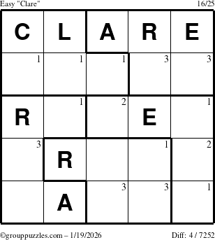 The grouppuzzles.com Easy Clare puzzle for Monday January 19, 2026 with the first 3 steps marked