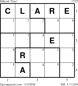 The grouppuzzles.com Difficult Clare puzzle for Monday January 19, 2026 with all 5 steps marked