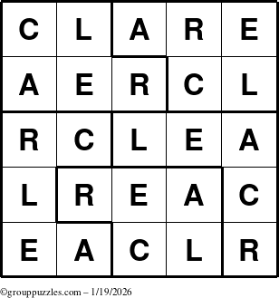 The grouppuzzles.com Answer grid for the Clare puzzle for Monday January 19, 2026