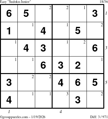 The grouppuzzles.com Easy Sudoku-Junior puzzle for Monday January 19, 2026 with all 3 steps marked