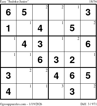 The grouppuzzles.com Easy Sudoku-Junior puzzle for Monday January 19, 2026 with the first 3 steps marked