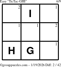The grouppuzzles.com Easy TicTac-GHI puzzle for Monday January 19, 2026 with the first 2 steps marked