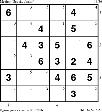 The grouppuzzles.com Medium Sudoku-Junior puzzle for Monday January 19, 2026, suitable for printing, with all 6 steps marked