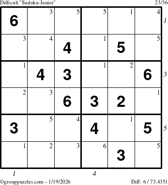 The grouppuzzles.com Difficult Sudoku-Junior puzzle for Monday January 19, 2026, suitable for printing, with all 6 steps marked