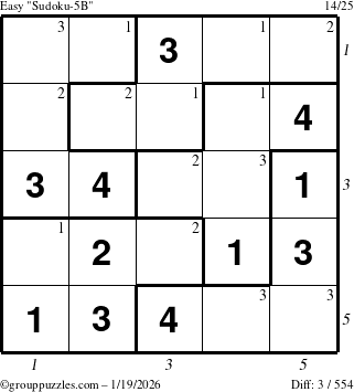 The grouppuzzles.com Easy Sudoku-5B puzzle for Monday January 19, 2026 with all 3 steps marked