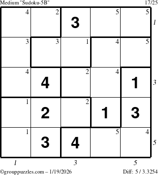 The grouppuzzles.com Medium Sudoku-5B puzzle for Monday January 19, 2026, suitable for printing, with all 5 steps marked