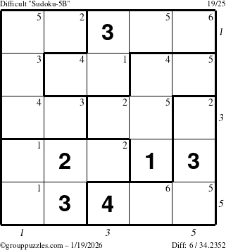 The grouppuzzles.com Difficult Sudoku-5B puzzle for Monday January 19, 2026 with all 6 steps marked