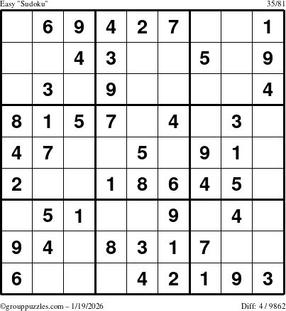 The grouppuzzles.com Easy Sudoku puzzle for Monday January 19, 2026