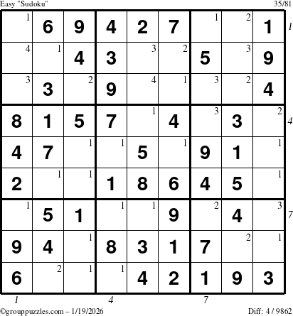 The grouppuzzles.com Easy Sudoku puzzle for Monday January 19, 2026 with all 4 steps marked