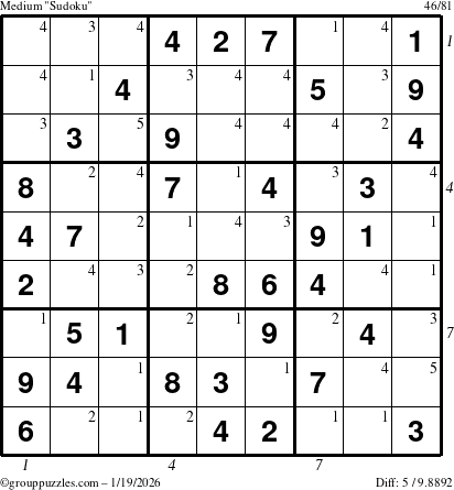 The grouppuzzles.com Medium Sudoku puzzle for Monday January 19, 2026 with all 5 steps marked