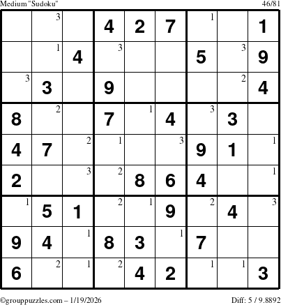 The grouppuzzles.com Medium Sudoku puzzle for Monday January 19, 2026 with the first 3 steps marked